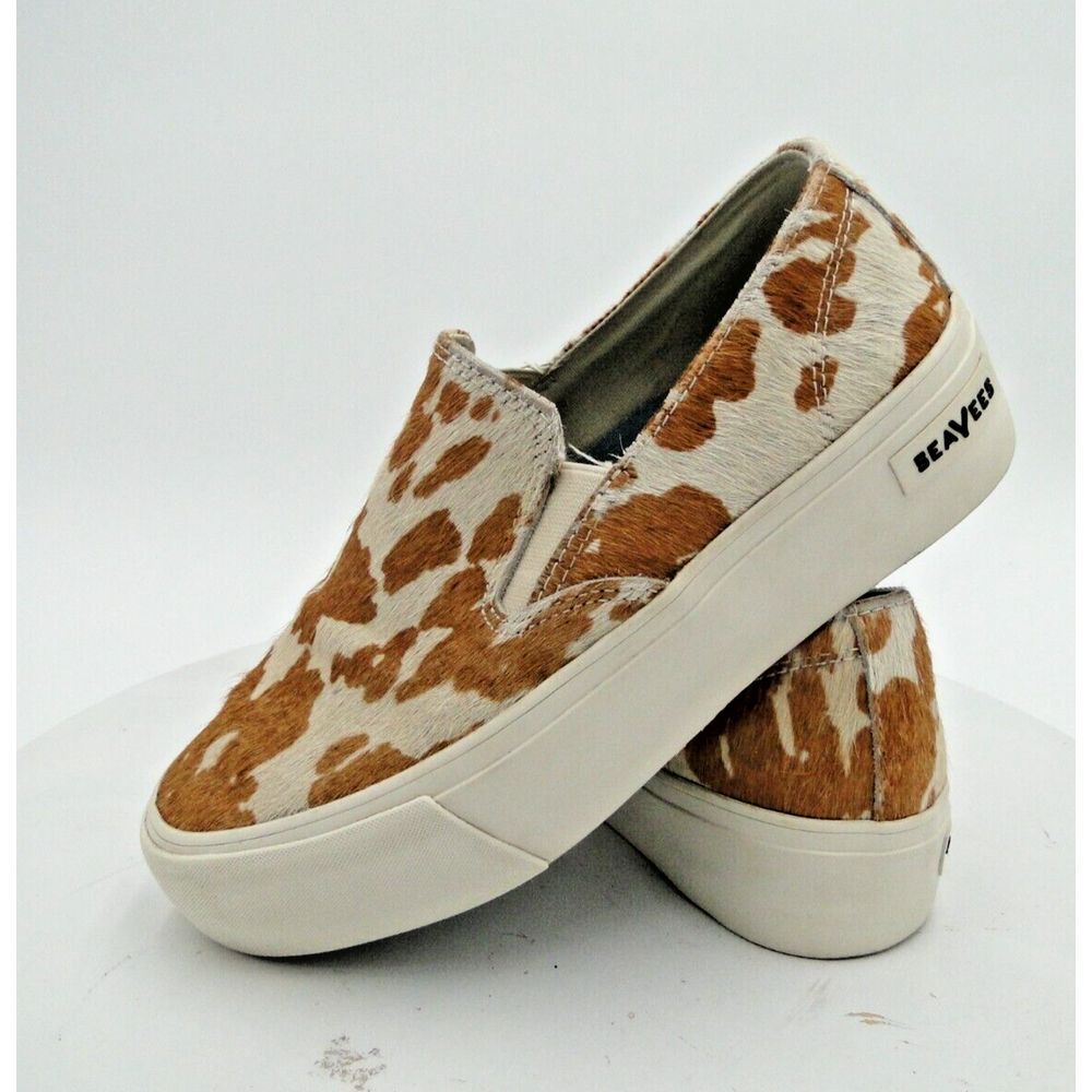 SeaVees Baja Women Sz 6.5 Platform Mulholland Cowhide Sneakers Tan Ivory Slip On - Picture 3 of 9